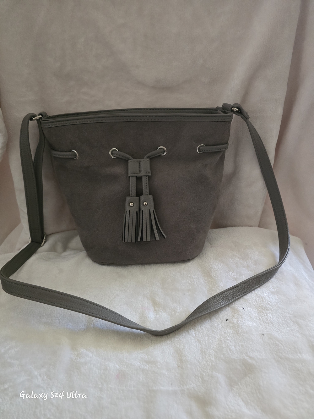 Gray Suede Tassel Bucket Crossbody Bag